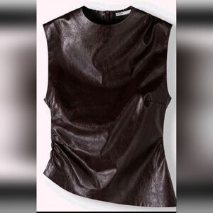Marron Asymmetric Draped Leather Effect Top, Size Large